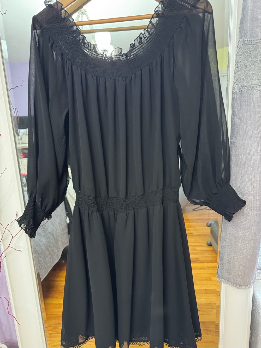 English Factory Black Long Sleeve Smocked Waist Dress